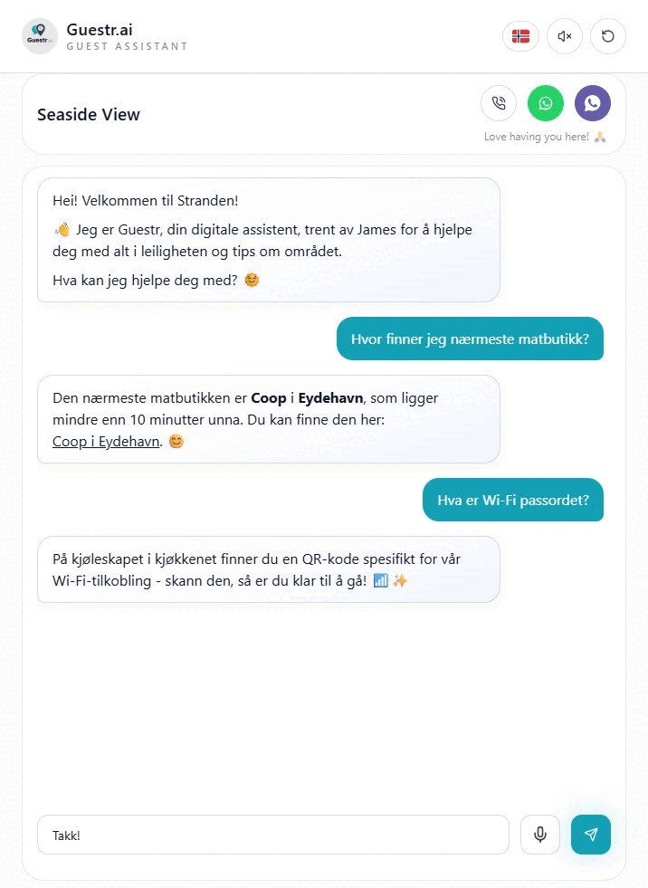 Guestr.ai guest assistant answering questions about the nearest grocery store and the Wi-Fi